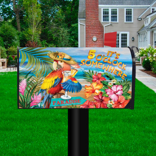 Briarwood Lane 5 O'Clock Paradise Summer Mailbox Cover with colorful parrot and floral design.