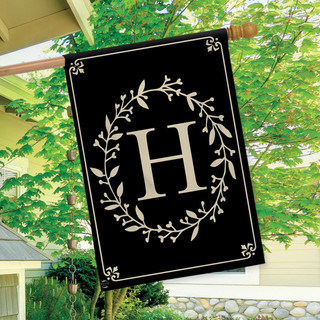 Briarwood Lane classic monogram letter H double-sided house flag in elegant black with gold print.