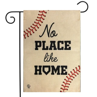 Briarwood Lane small printed garden flag with baseballs and No Place Like Home text on burlap.