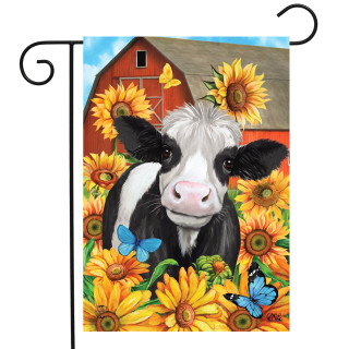Briarwood Lane Happy Cow garden flag with colorful cow, sunflowers, and butterflies in a farm scene.