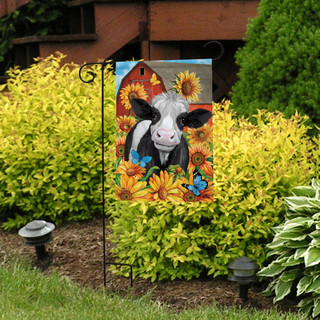 Briarwood Lane Happy Cow garden flag, colorful cow and sunflowers on small printed decorative yard display.