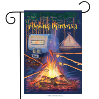 Briarwood Lane Making Memories Fall Garden Flag with camping scene and yellow text on dark background.