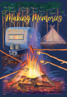 Briarwood Lane Making Memories Fall Garden Flag with camping scene and campfire at night.