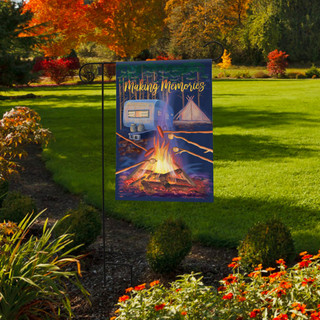 Briarwood Lane Making Memories Fall Garden Flag with campfire and tent design on display outdoors.