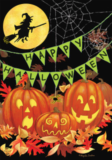 Briarwood Lane Halloween Haunts Garden Flag with pumpkins, bats, and broom on a spooky background.