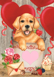 Briarwood Lane Valentine's Puppy Holiday Garden Flag with pink hearts, red balloons and cute dog.