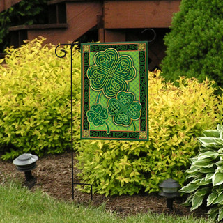 Briarwood Lane Celtic Shamrocks St. Patrick's Day garden flag with gold shamrock design on green background.