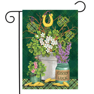 Briarwood Lane Lucky Potted Shamrocks St. Pat's Garden Flag with gold shamrock and good luck.