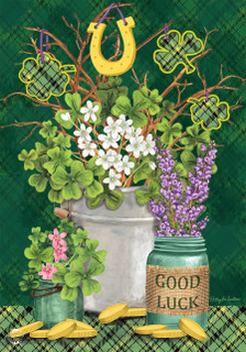 Briarwood Lane Lucky Potted Shamrocks St. Pat's Garden Flag with gold accents and colorful shamrock design.