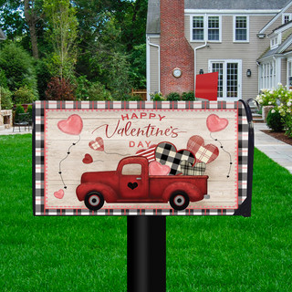 Briarwood Lane Valentine's Love Pickup Large Mailbox Cover with pink hearts and red truck design.