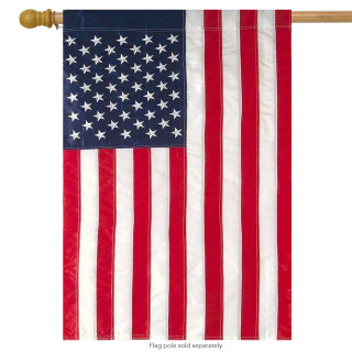 Briarwood Lane American flag house flag with quilted, embroidered stars and stripes in red, white, blue.