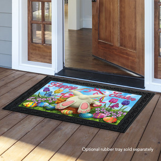 Briarwood Lane Easter Egg Hunt colorful doormat with bunny and eggs on wooden porch floor.
