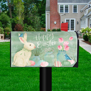 Briarwood Lane Easter Bunny and Tulips Primitive Mailbox Cover with colorful spring design and happy rabbit.