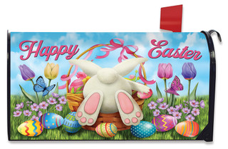 Briarwood Lane Easter Egg Hunt Mailbox Cover with colorful Easter bunny and eggs on grass.