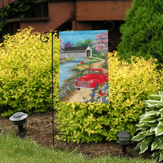 Briarwood Lane spring garden flag with colorful springtime scene on small, printed, decorative yard display.
