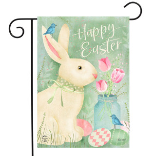 Briarwood Lane Easter Bunny garden flag with tulips, rabbit, and Happy Easter text, colorful spring decor.