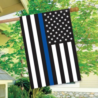 Briarwood Lane Thin Blue Line Police House Flag with stars and stripes, patriotic American design.