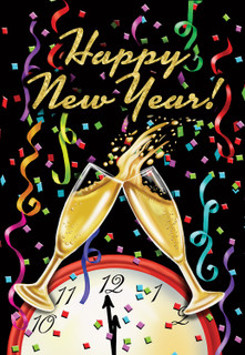 Briarwood Lane Happy New Year garden flag with champagne glasses and confetti on a small printed design.