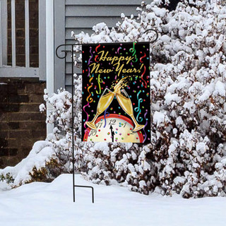 Briarwood Lane Happy New Year garden flag with champagne and colorful decorations on a snowy lawn.