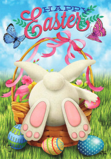 Briarwood Lane Easter Egg Hunt Garden Flag with white bunny and colorful eggs on grass.