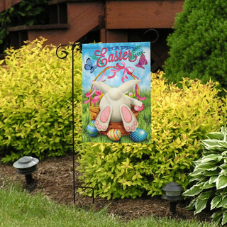 Briarwood Lane Easter Egg Hunt garden flag with colorful bunny, eggs, and butterflies on display outdoors.