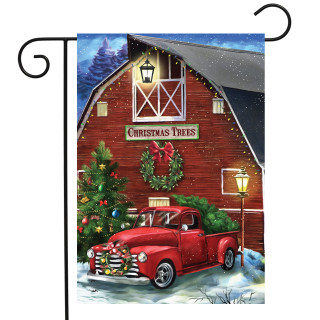 Briarwood Lane Christmas Tree Farm Pickup Garden Flag, small, printed, decorative, colorful, cheery, festive display.