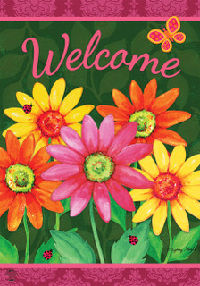 Briarwood Lane Welcome Daisies small printed garden flag with colorful springtime flowers on bright background.