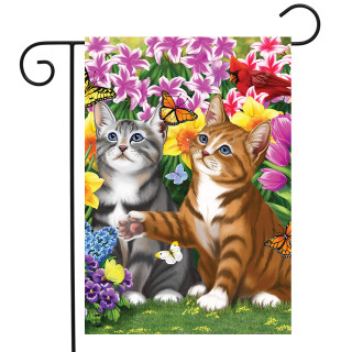 Briarwood Lane Garden Kittens Spring Garden Flag with colorful cats and flowers on a small decorative display.