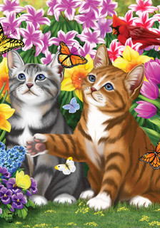 Briarwood Lane Garden Kittens Spring Garden Flag with colorful cats, flowers, butterflies, and a cardinal.