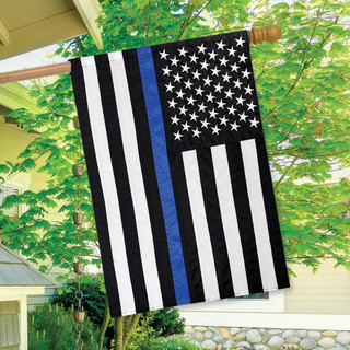 Briarwood Lane Thin Blue Line Police Embroidered House Flag with USA stars and stripes pattern.