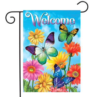 Briarwood Lane Fluttering Butterflies Spring Garden Flag with colorful flowers and butterflies on a bright background.