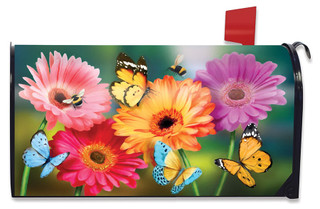 Briarwood Lane Garden Gerber Daisies spring mailbox cover with colorful butterflies and flowers design.