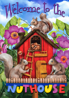 Briarwood Lane spring nuthouse squirrels garden flag with colorful, cheery design for porch or yard display.