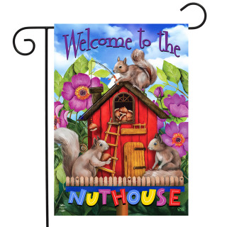 Briarwood Lane spring nuthouse squirrels garden flag with colorful, cheery design for porch or yard display.