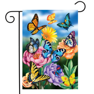 Briarwood Lane small printed garden flag with colorful butterflies and flowers for springtime porch display.