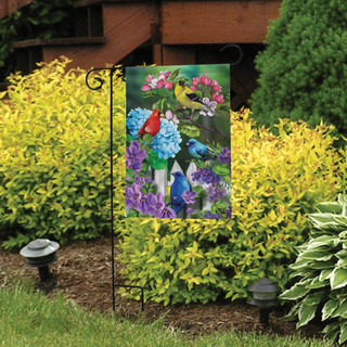 Briarwood Lane small printed garden flag with colorful cardinal, goldfinch, bluebird, and spring flowers.