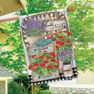Briarwood Lane Faith and Family Farmhouse Spring House Flag with colorful flowers and Christian quote.