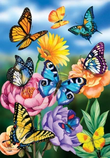 Briarwood Lane spring house flag with colorful butterflies and flowers for a cheerful spring display.
