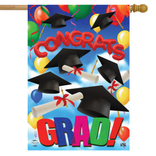 Briarwood Lane Congrats Graduation House Flag with colorful grad caps, diplomas, and balloons on a blue background.