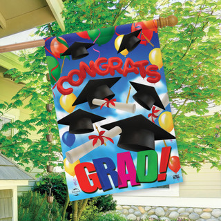 Briarwood Lane Congrats Graduation House Flag with colorful graduation caps and diplomas on vibrant background.