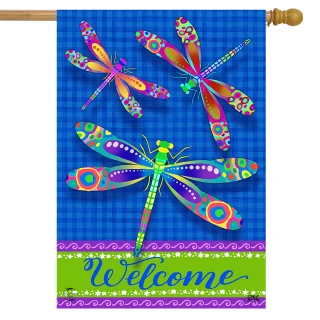 Briarwood Lane colorful dragonfly flag with Welcome message, perfect for spring summer porch decorative display.