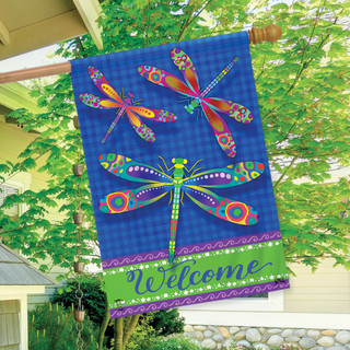 Briarwood Lane colorful dragonfly house flag with welcome message, perfect for spring summer porch display.