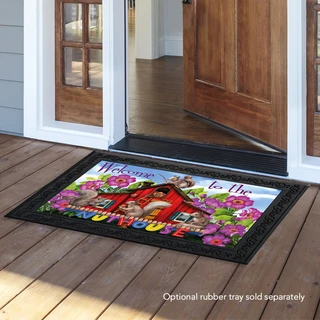 Briarwood Lane spring nuthouse squirrels doormat on a porch, colorful and cheery springtime decorative floormat.