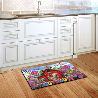 Briarwood Lane spring nuthouse squirrels doormat on kitchen floor, colorful seasonal decorative printed floormat display.