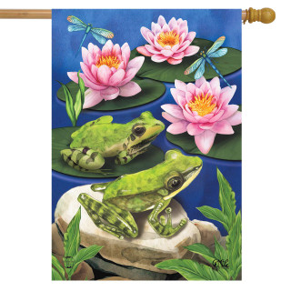Briarwood Lane Frog Pond Summer House Flag with colorful frogs, flowers, and dragonflies on a blue background.