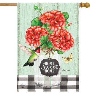 Briarwood Lane's colorful Home Sweet Home garden flag with vibrant red geraniums and cheerful spring decor.