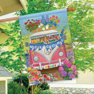 Briarwood Lane Peace Van Floral Spring House Flag with colorful flowers and Volkswagon bus design.