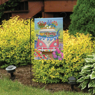 Briarwood Lane Peace Van Floral Spring Garden Flag with colorful flower and bus design on display.
