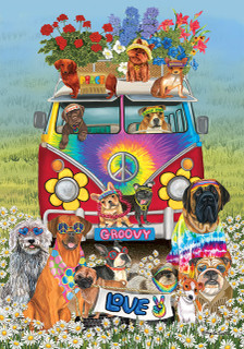Briarwood Lane Groovy Pups Spring Garden Flag with colorful dogs and Volkswagon bus in springtime flowers.