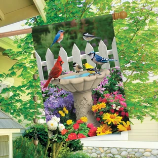 Briarwood Lane Spring Garden Friends House Flag with colorful birds and flowers on a small printed fabric.